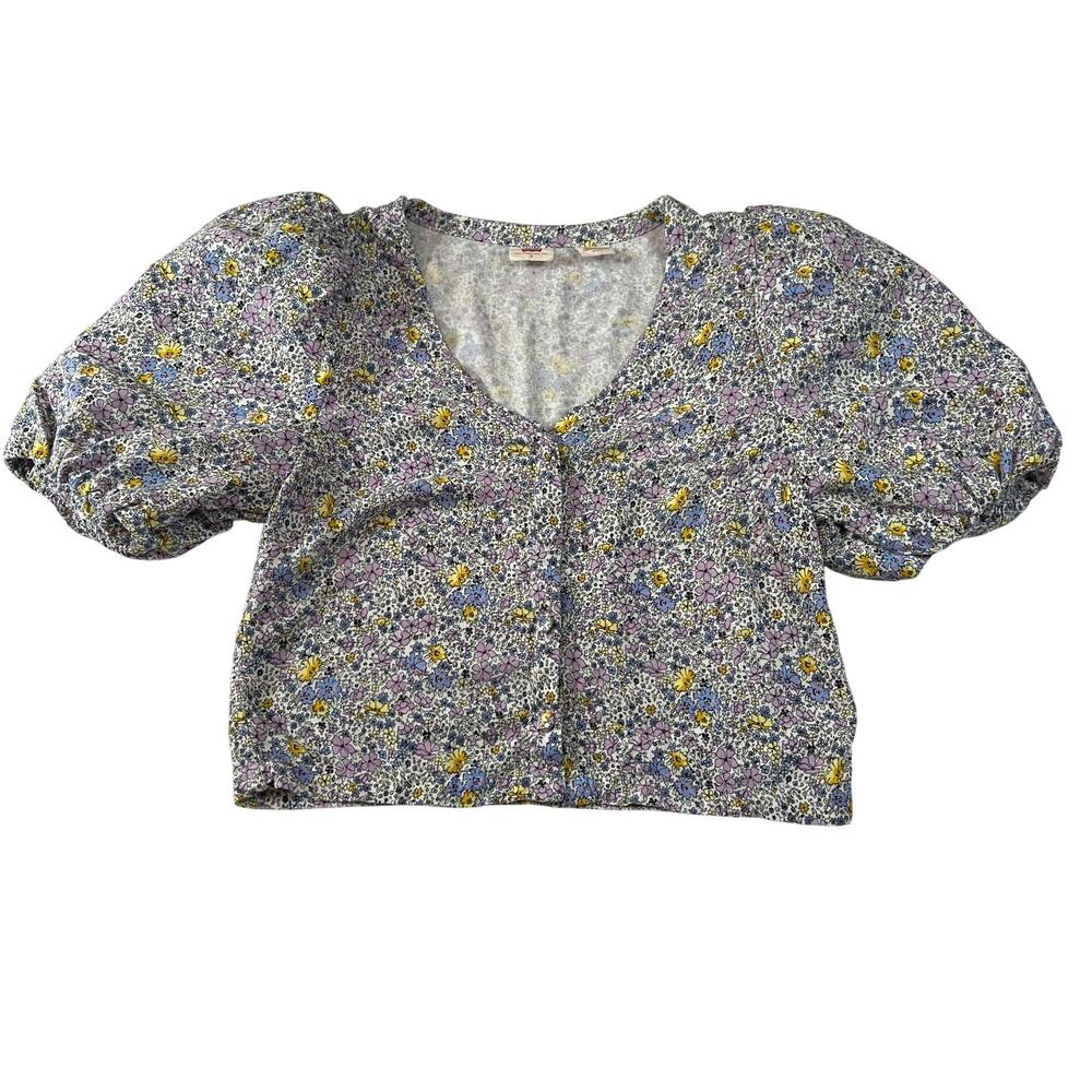 Levi's V-Neck Ditzy Floral Print Crop Button Up Blouse Size S Puff Sleeve Boxy - Picture 4 of 12